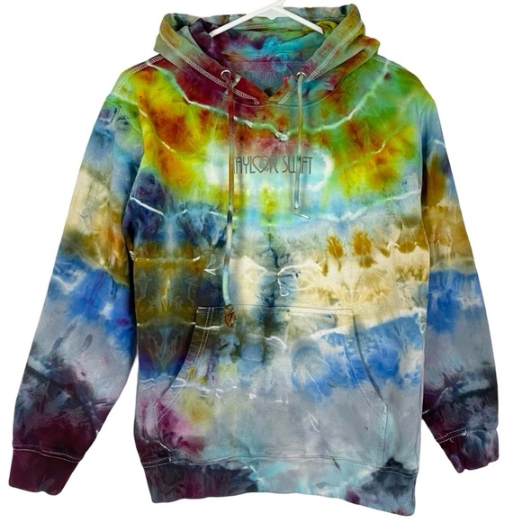 Handmade Tie Dye Hoodie Sweatshirt Pullover Unisex Small Upcycled Colorful Green - Picture 1 of 13